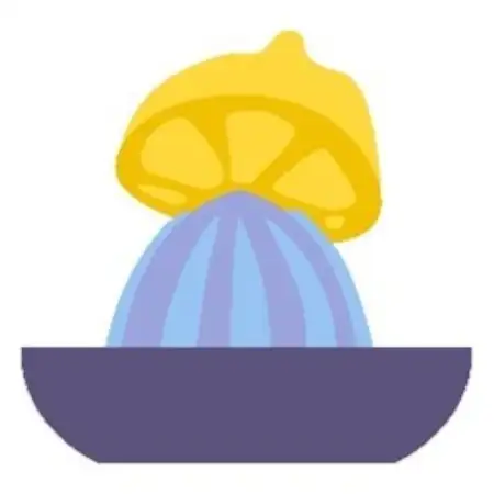 Bild einer Zitronenpresse und einer halben Zitrone, die ausgepresst wird.