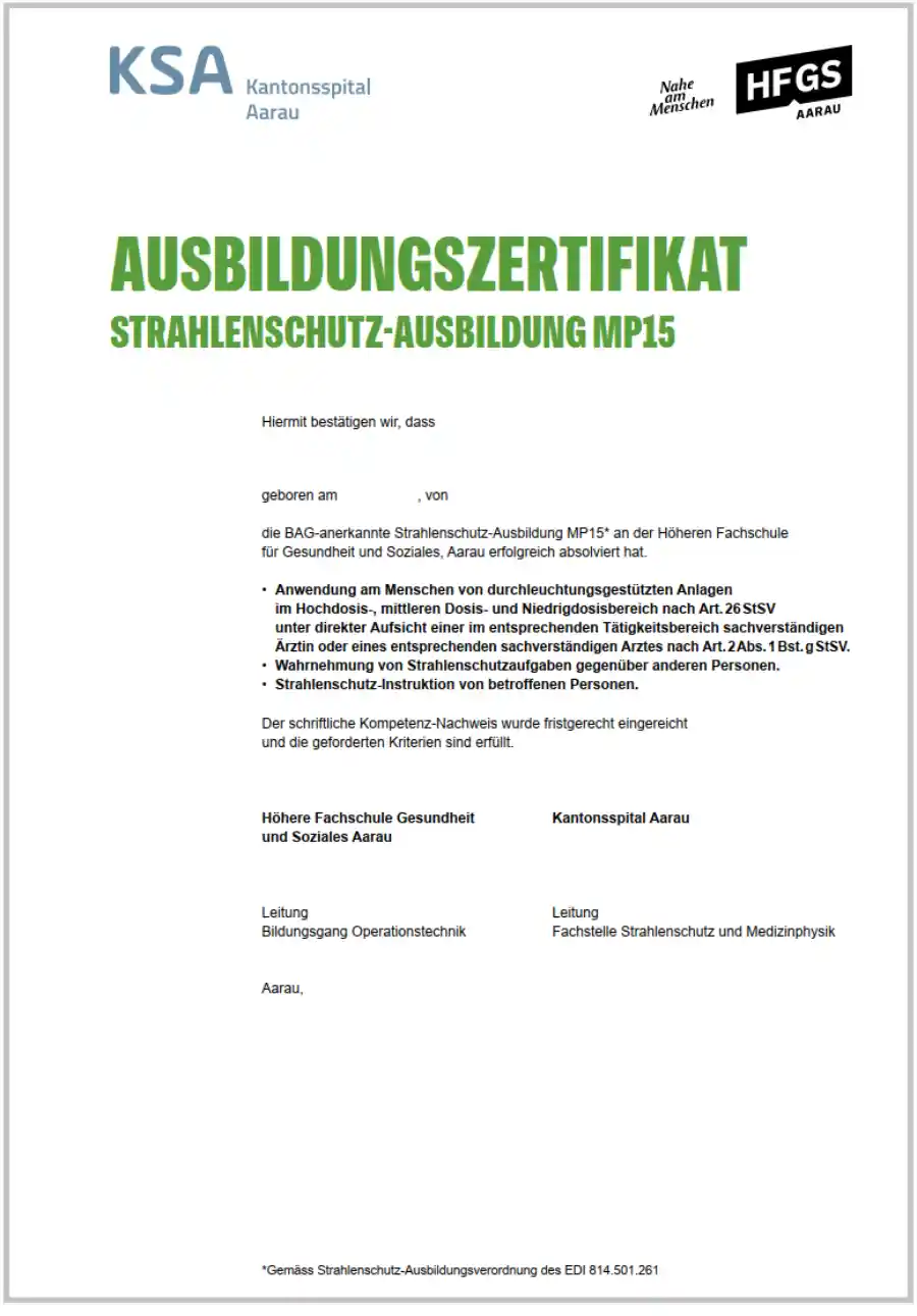 Ausbildungszertifikat Strahlenschutz-Ausbildung MP15