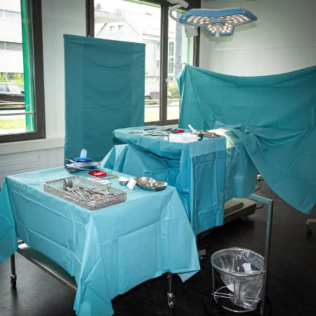 Ein Raum mit zwei Tischen bedeckt von zwei grünen Tüchern und Operationsbesteck, im Hintergrund Abtrennungen mit grünen Tüchern