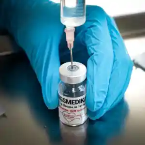 Eine Hand hält ein Fläschchen mit einer Arznei während sie eine Spritze aus dem Fläschchen aufzieht
