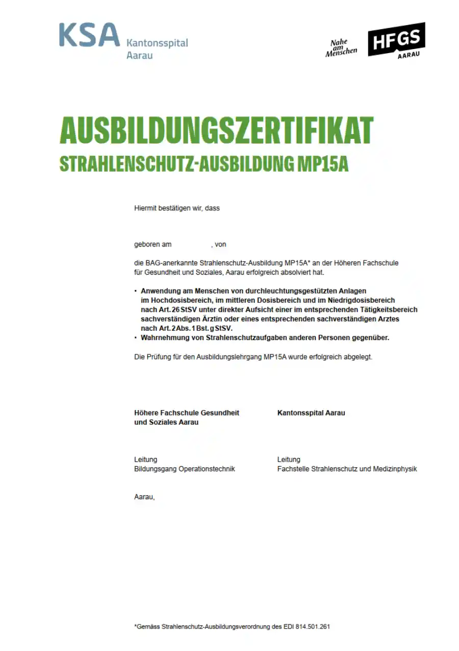 Ausbildungszertifikat OT Strahlenschutz 15 A